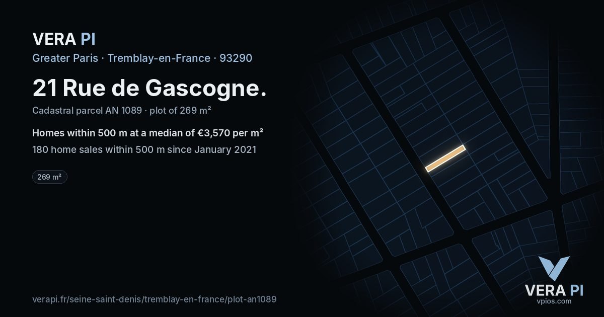 21 Rue de Gascogne, Tremblay-en-France at night – the plot lit, the parcels around coloured by the prices near them