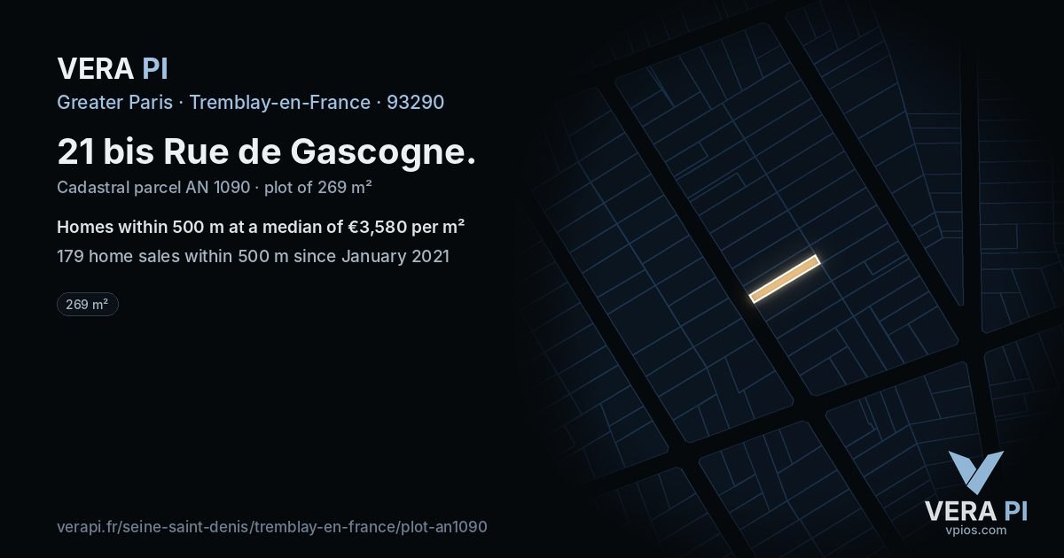 21 bis Rue de Gascogne, Tremblay-en-France at night – the plot lit, the parcels around coloured by the prices near them