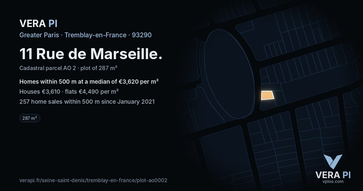 11 Rue de Marseille, Tremblay-en-France at night – the plot lit, the parcels around coloured by the prices near them