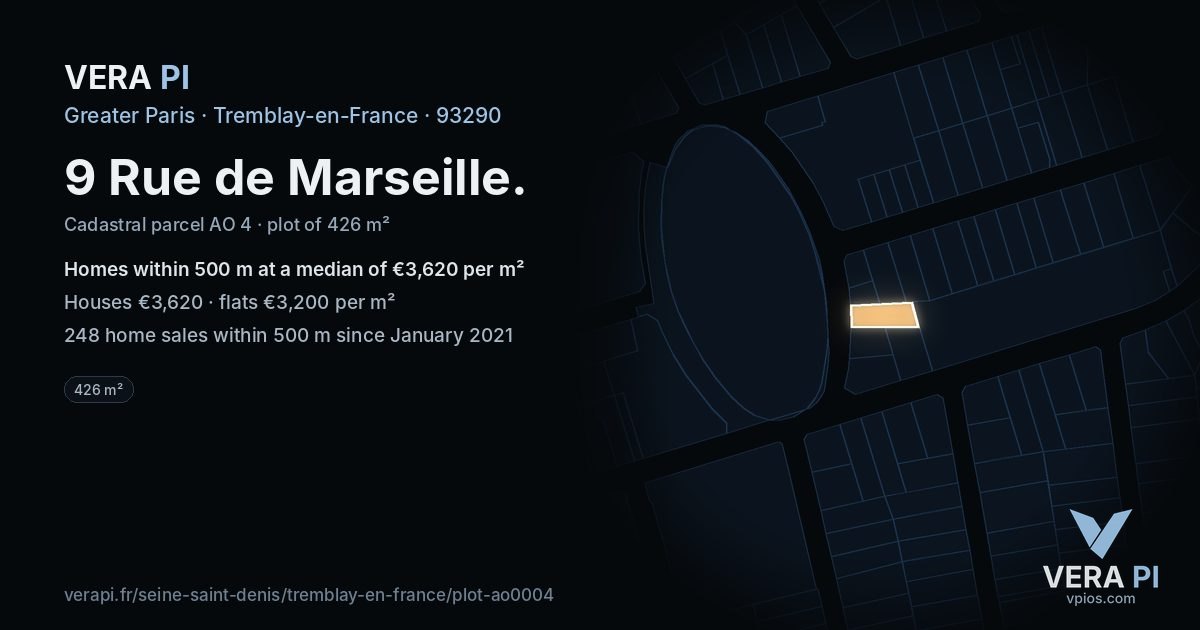 9 Rue de Marseille, Tremblay-en-France at night – the plot lit, the parcels around coloured by the prices near them