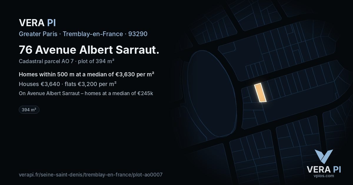 76 Avenue Albert Sarraut, Tremblay-en-France at night – the plot lit, the parcels around coloured by the prices near them