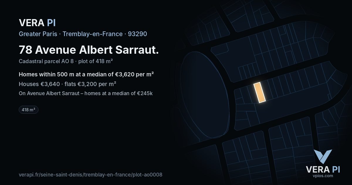 78 Avenue Albert Sarraut, Tremblay-en-France at night – the plot lit, the parcels around coloured by the prices near them