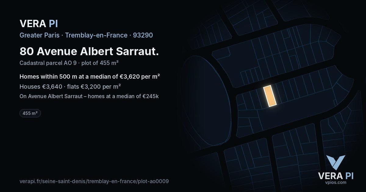 80 Avenue Albert Sarraut, Tremblay-en-France at night – the plot lit, the parcels around coloured by the prices near them