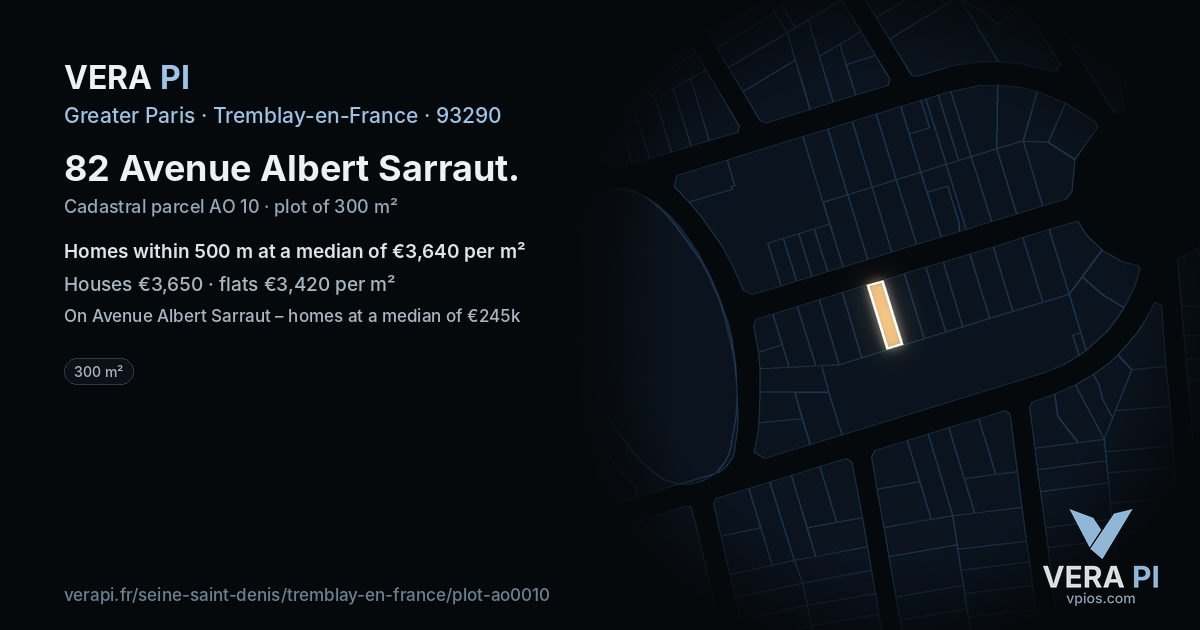 82 Avenue Albert Sarraut, Tremblay-en-France at night – the plot lit, the parcels around coloured by the prices near them