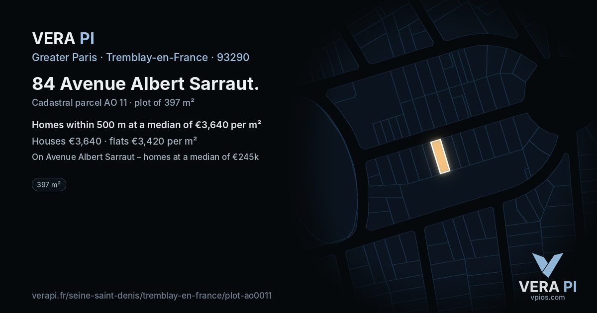 84 Avenue Albert Sarraut, Tremblay-en-France at night – the plot lit, the parcels around coloured by the prices near them