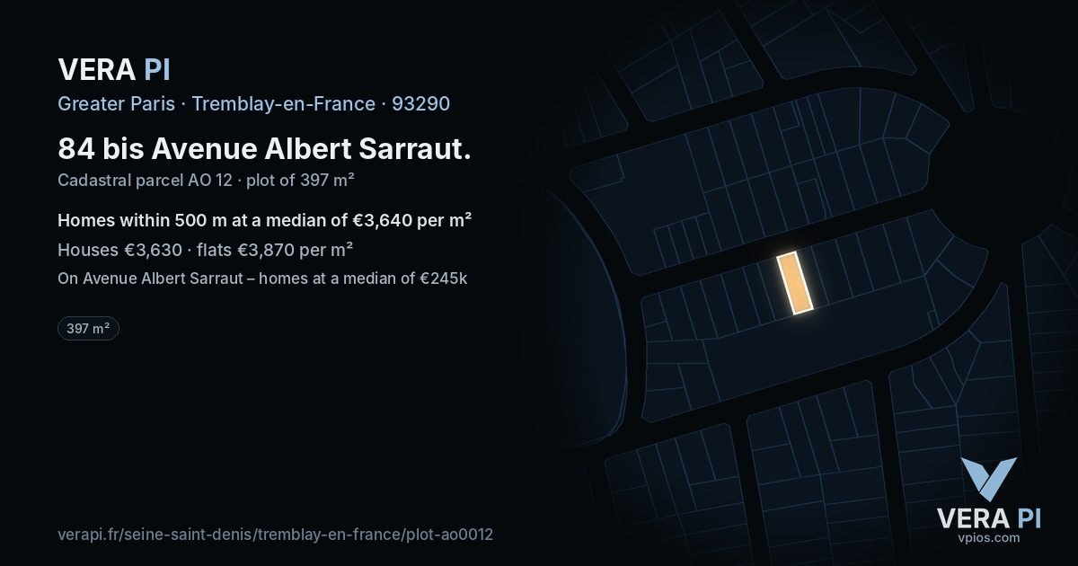 84 bis Avenue Albert Sarraut, Tremblay-en-France at night – the plot lit, the parcels around coloured by the prices near them