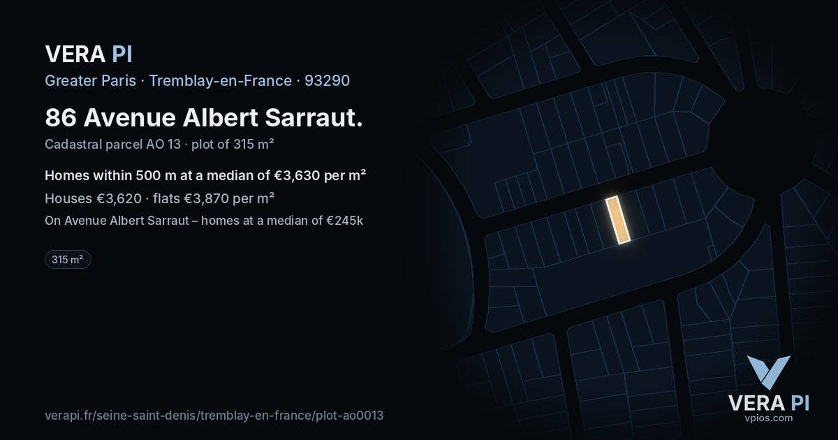 86 Avenue Albert Sarraut, Tremblay-en-France at night – the plot lit, the parcels around coloured by the prices near them