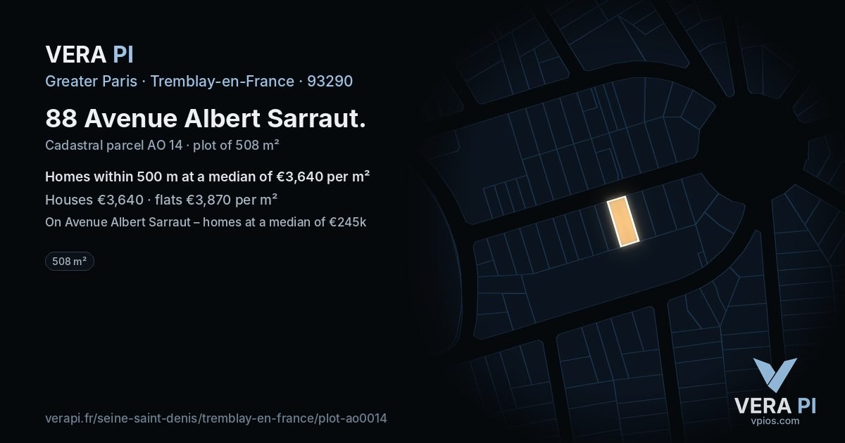 88 Avenue Albert Sarraut, Tremblay-en-France at night – the plot lit, the parcels around coloured by the prices near them