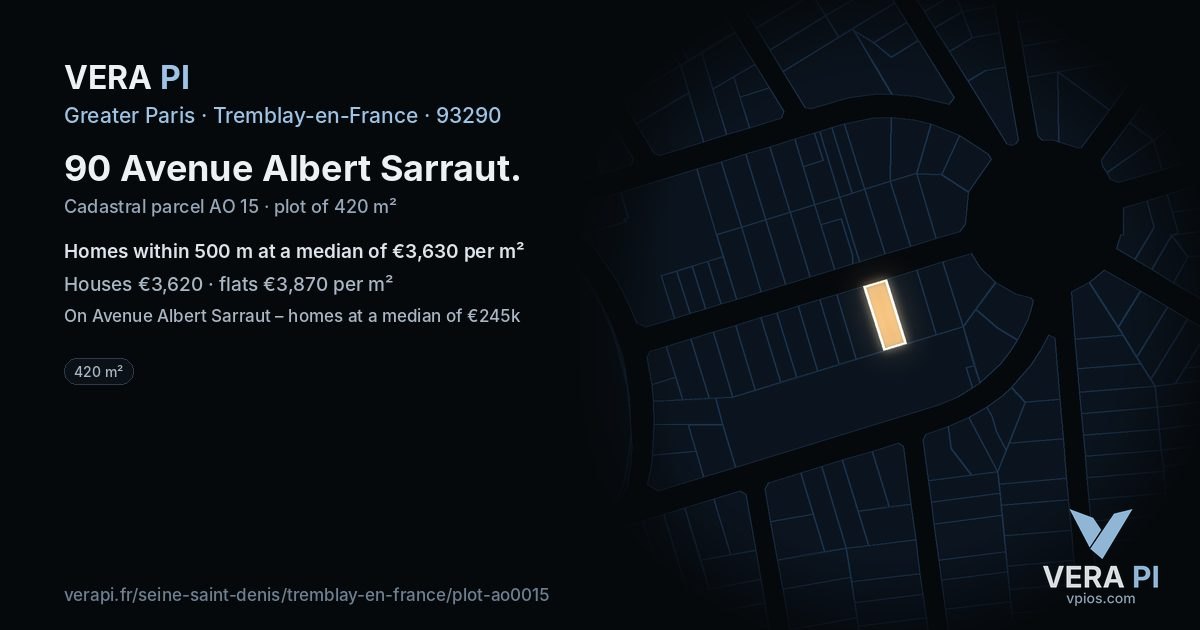 90 Avenue Albert Sarraut, Tremblay-en-France at night – the plot lit, the parcels around coloured by the prices near them