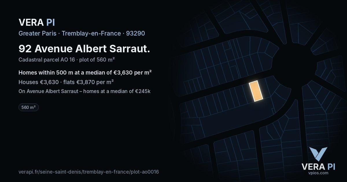 92 Avenue Albert Sarraut, Tremblay-en-France at night – the plot lit, the parcels around coloured by the prices near them
