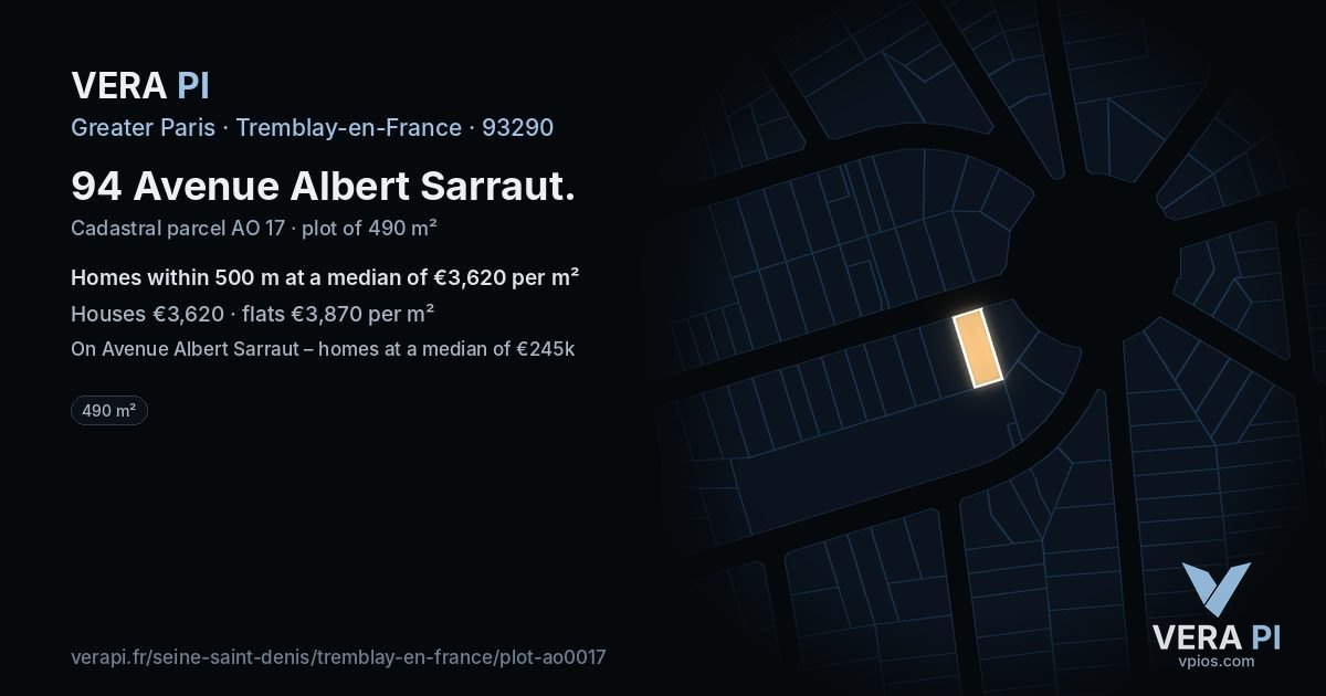 94 Avenue Albert Sarraut, Tremblay-en-France at night – the plot lit, the parcels around coloured by the prices near them
