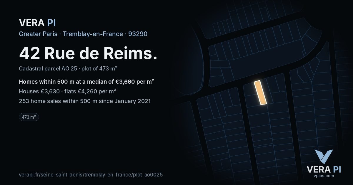 42 Rue de Reims, Tremblay-en-France at night – the plot lit, the parcels around coloured by the prices near them