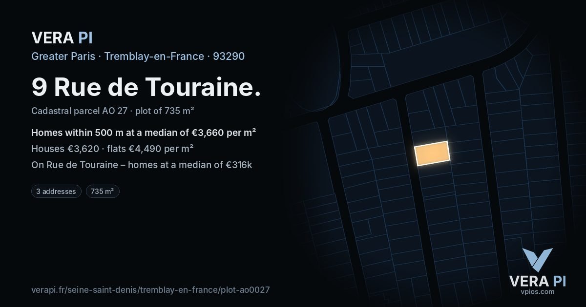 9 Rue de Touraine, Tremblay-en-France at night – the plot lit, the parcels around coloured by the prices near them