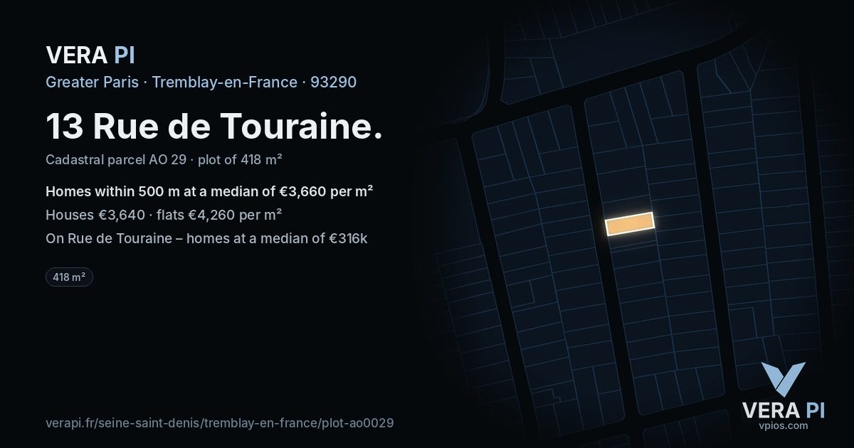 13 Rue de Touraine, Tremblay-en-France at night – the plot lit, the parcels around coloured by the prices near them