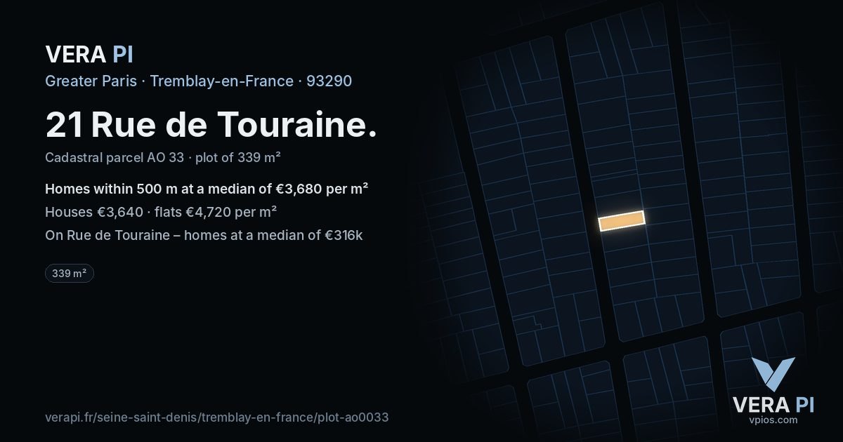 21 Rue de Touraine, Tremblay-en-France at night – the plot lit, the parcels around coloured by the prices near them