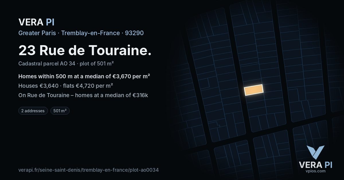 23 Rue de Touraine, Tremblay-en-France at night – the plot lit, the parcels around coloured by the prices near them