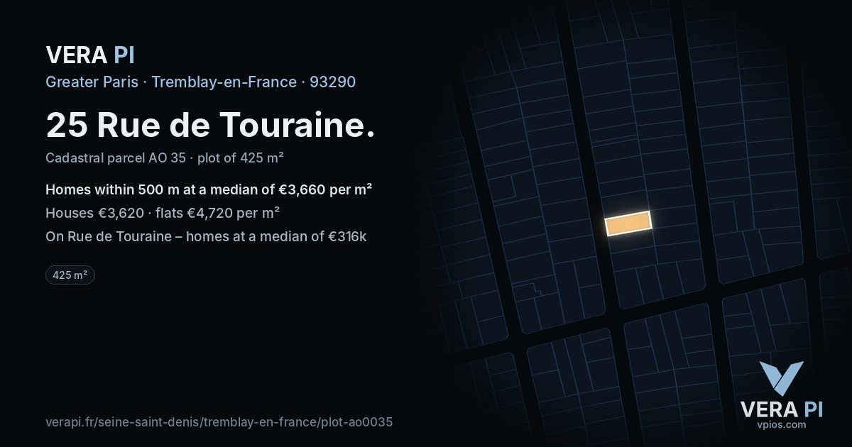 25 Rue de Touraine, Tremblay-en-France at night – the plot lit, the parcels around coloured by the prices near them