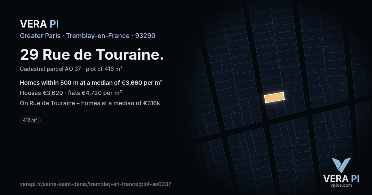 29 Rue de Touraine, Tremblay-en-France at night – the plot lit, the parcels around coloured by the prices near them