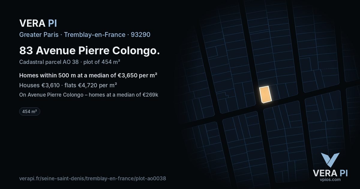 83 Avenue Pierre Colongo, Tremblay-en-France at night – the plot lit, the parcels around coloured by the prices near them