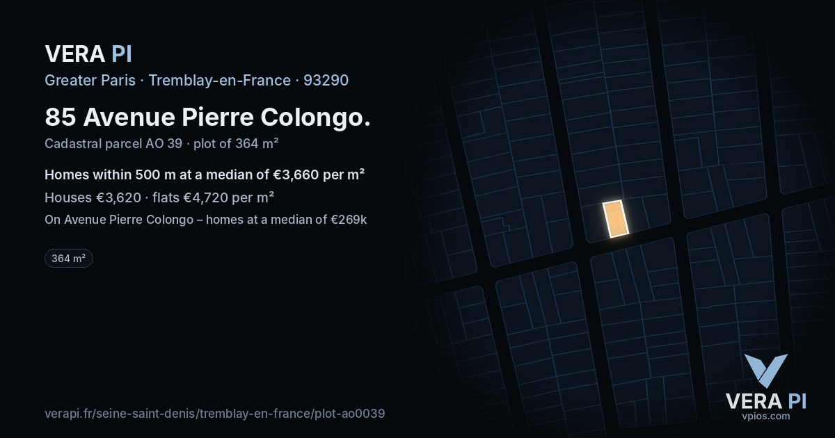 85 Avenue Pierre Colongo, Tremblay-en-France at night – the plot lit, the parcels around coloured by the prices near them