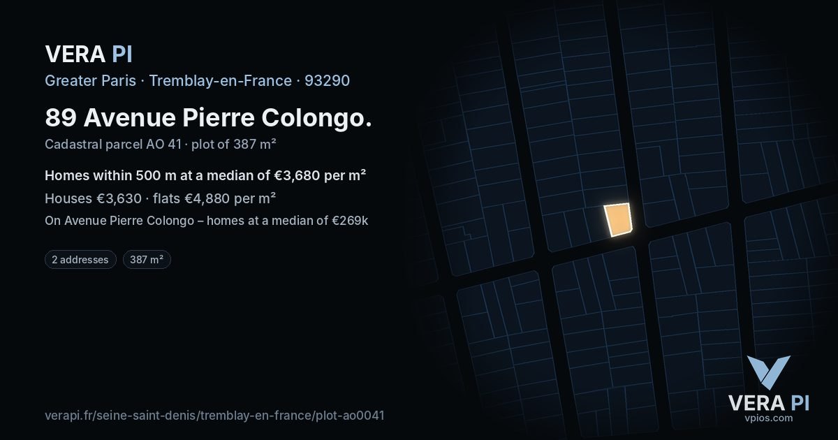 89 Avenue Pierre Colongo, Tremblay-en-France at night – the plot lit, the parcels around coloured by the prices near them