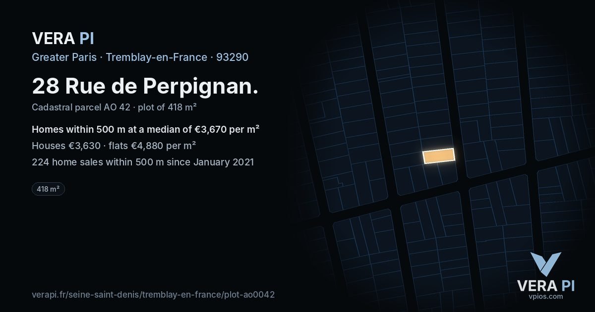 28 Rue de Perpignan, Tremblay-en-France at night – the plot lit, the parcels around coloured by the prices near them