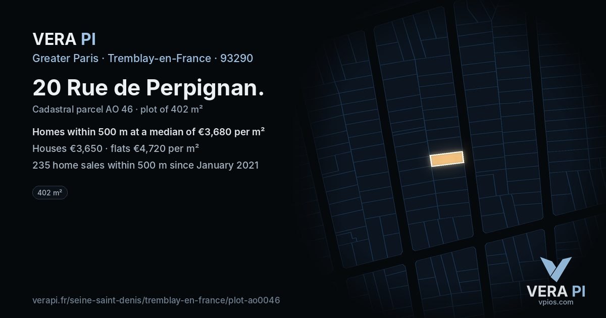 20 Rue de Perpignan, Tremblay-en-France at night – the plot lit, the parcels around coloured by the prices near them