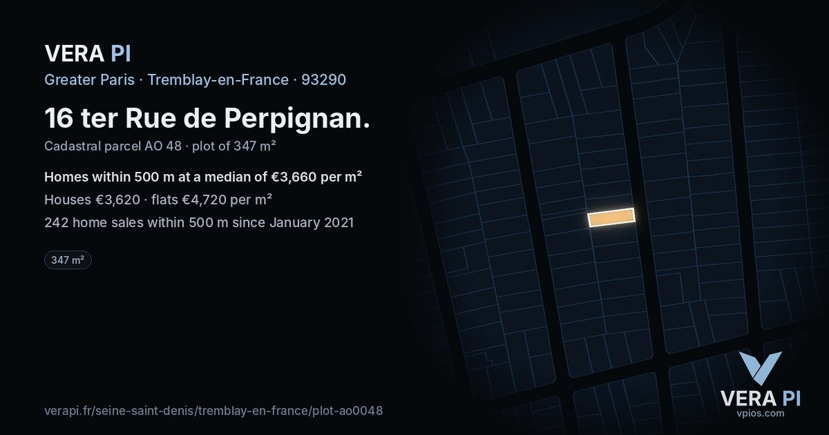 16 ter Rue de Perpignan, Tremblay-en-France at night – the plot lit, the parcels around coloured by the prices near them