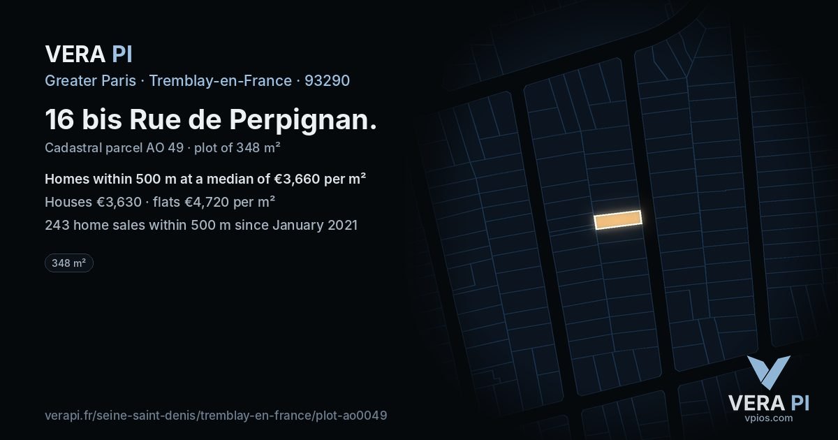 16 bis Rue de Perpignan, Tremblay-en-France at night – the plot lit, the parcels around coloured by the prices near them