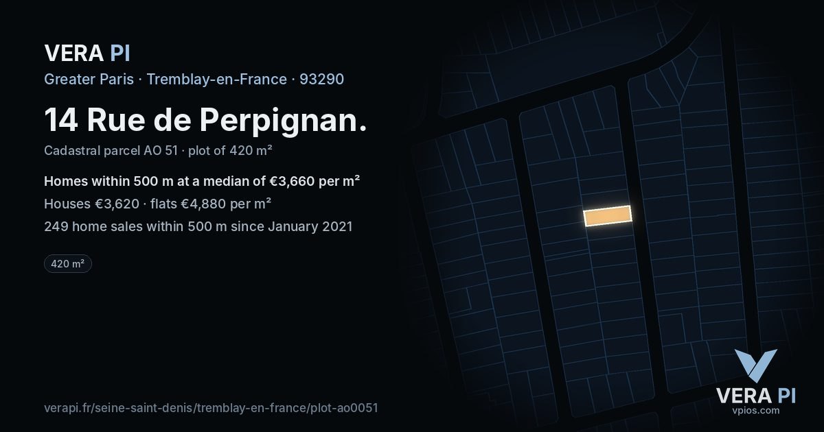14 Rue de Perpignan, Tremblay-en-France at night – the plot lit, the parcels around coloured by the prices near them