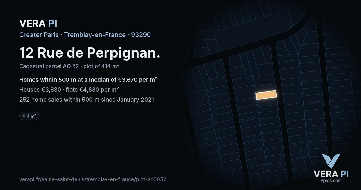 12 Rue de Perpignan, Tremblay-en-France at night – the plot lit, the parcels around coloured by the prices near them