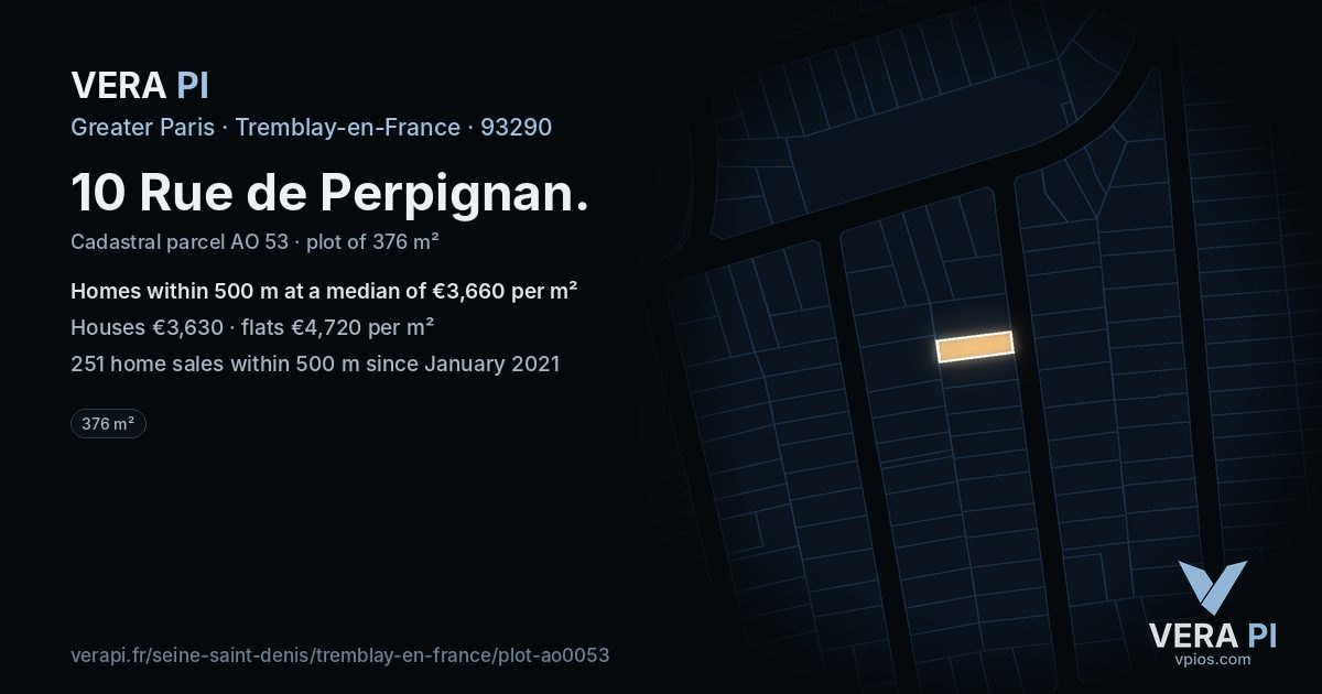 10 Rue de Perpignan, Tremblay-en-France at night – the plot lit, the parcels around coloured by the prices near them