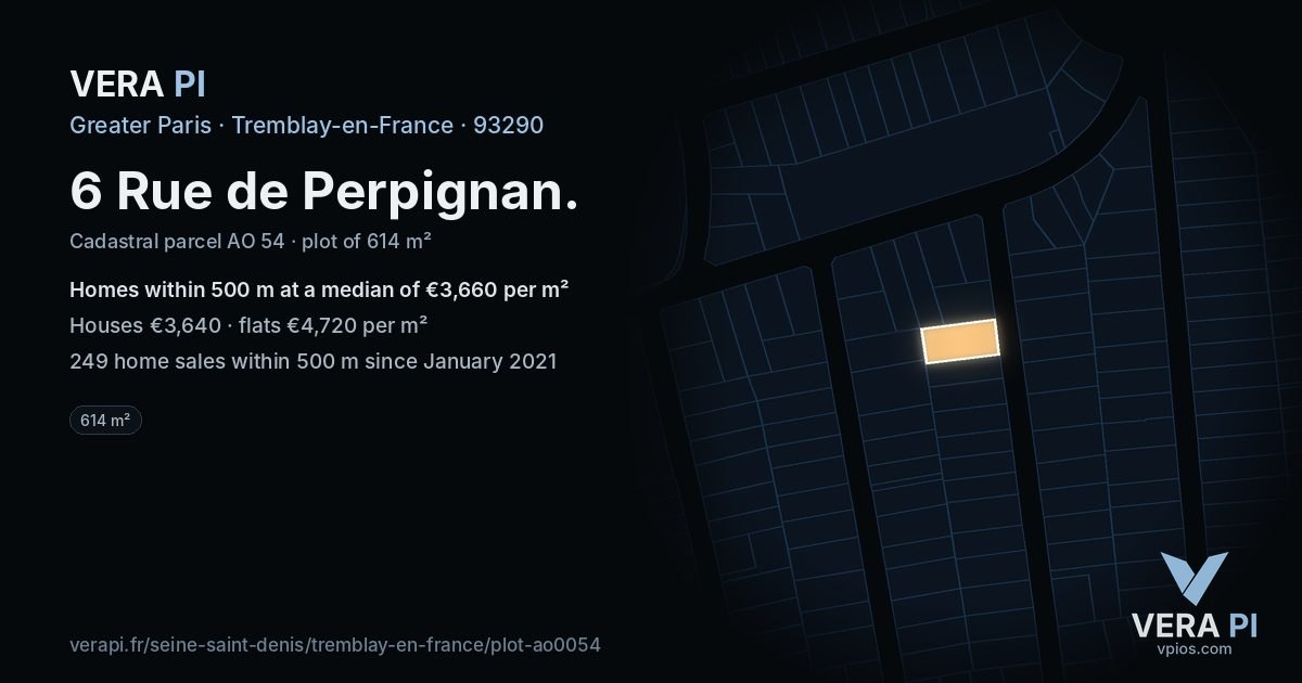 6 Rue de Perpignan, Tremblay-en-France at night – the plot lit, the parcels around coloured by the prices near them