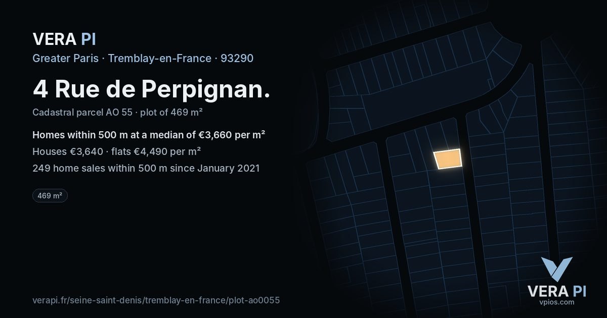 4 Rue de Perpignan, Tremblay-en-France at night – the plot lit, the parcels around coloured by the prices near them