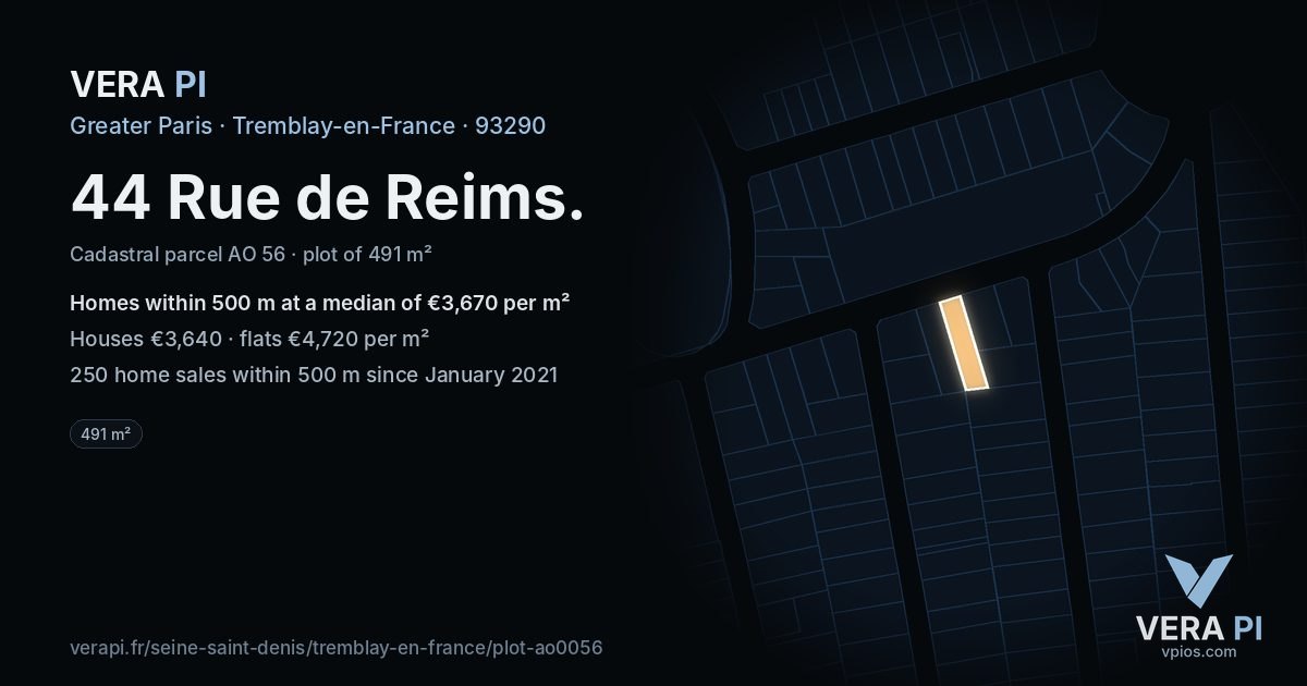 44 Rue de Reims, Tremblay-en-France at night – the plot lit, the parcels around coloured by the prices near them