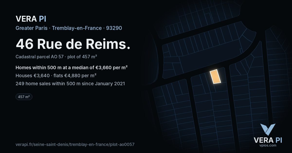 46 Rue de Reims, Tremblay-en-France at night – the plot lit, the parcels around coloured by the prices near them