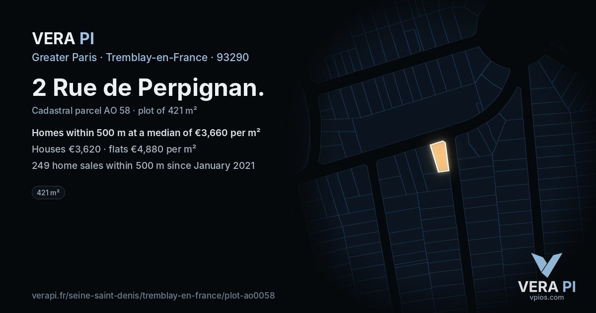 2 Rue de Perpignan, Tremblay-en-France at night – the plot lit, the parcels around coloured by the prices near them