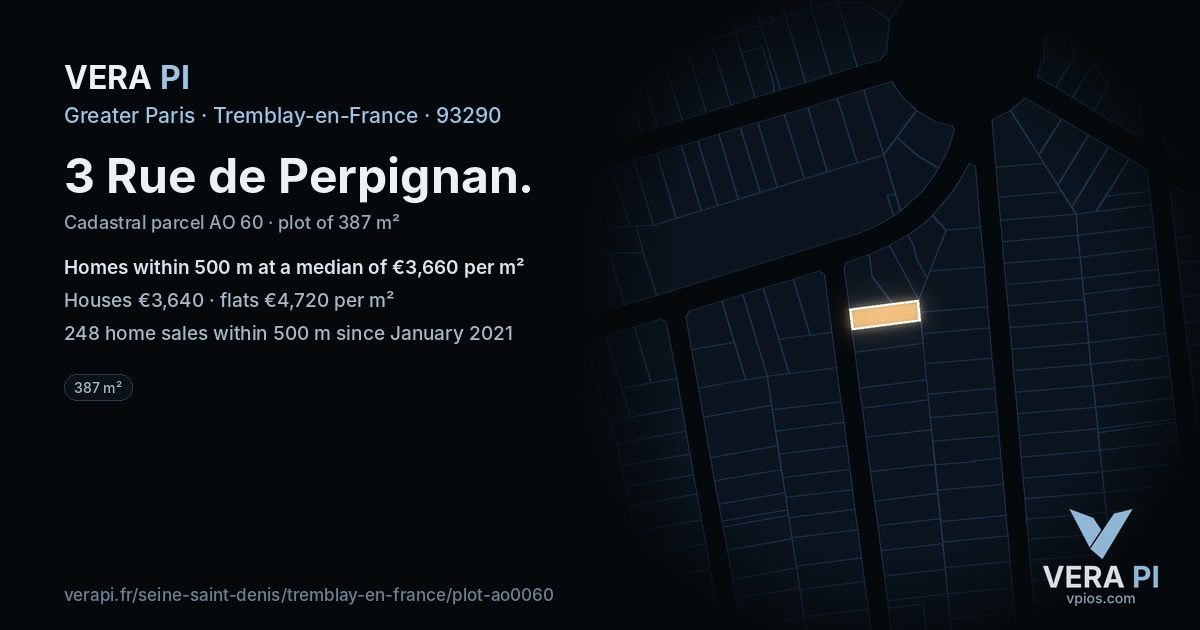 3 Rue de Perpignan, Tremblay-en-France at night – the plot lit, the parcels around coloured by the prices near them