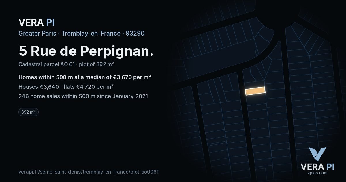 5 Rue de Perpignan, Tremblay-en-France at night – the plot lit, the parcels around coloured by the prices near them