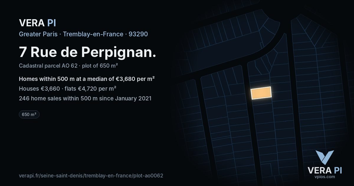7 Rue de Perpignan, Tremblay-en-France at night – the plot lit, the parcels around coloured by the prices near them