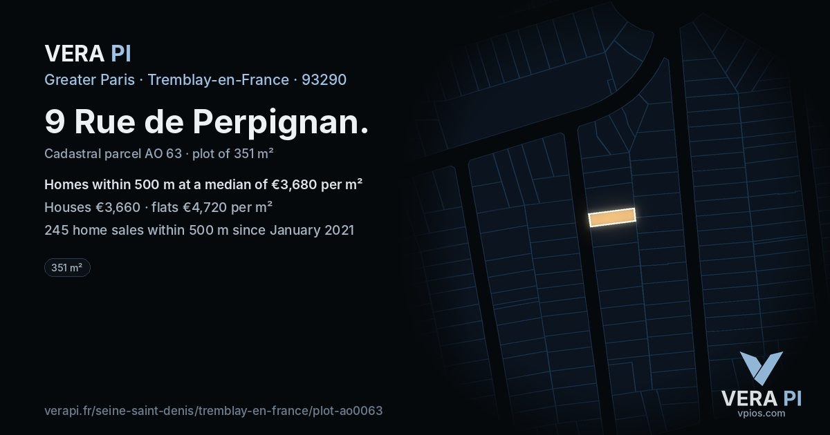 9 Rue de Perpignan, Tremblay-en-France at night – the plot lit, the parcels around coloured by the prices near them