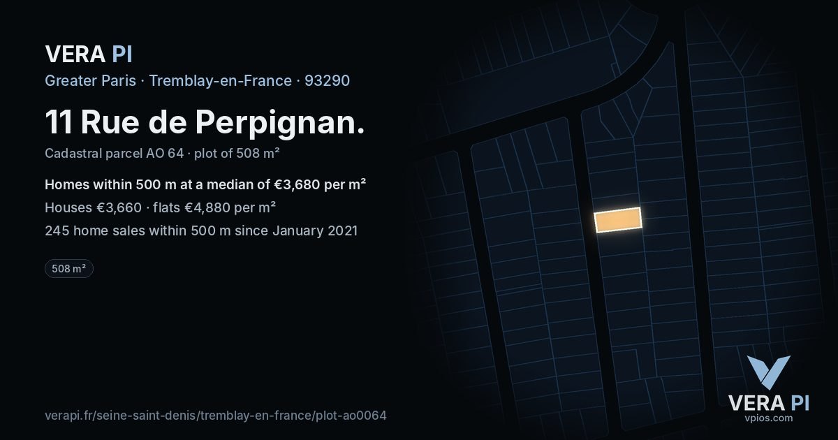 11 Rue de Perpignan, Tremblay-en-France at night – the plot lit, the parcels around coloured by the prices near them