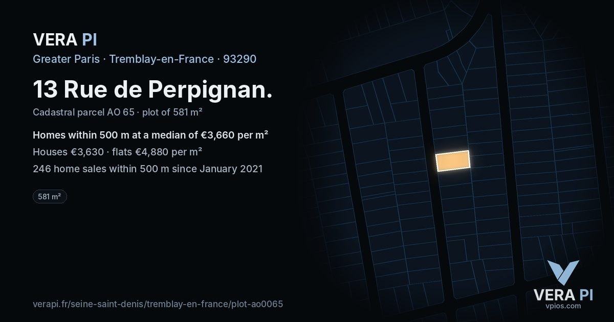13 Rue de Perpignan, Tremblay-en-France at night – the plot lit, the parcels around coloured by the prices near them