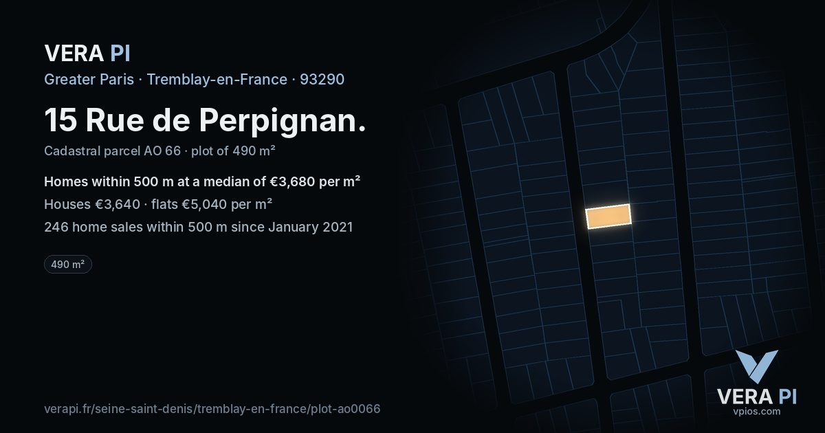 15 Rue de Perpignan, Tremblay-en-France at night – the plot lit, the parcels around coloured by the prices near them