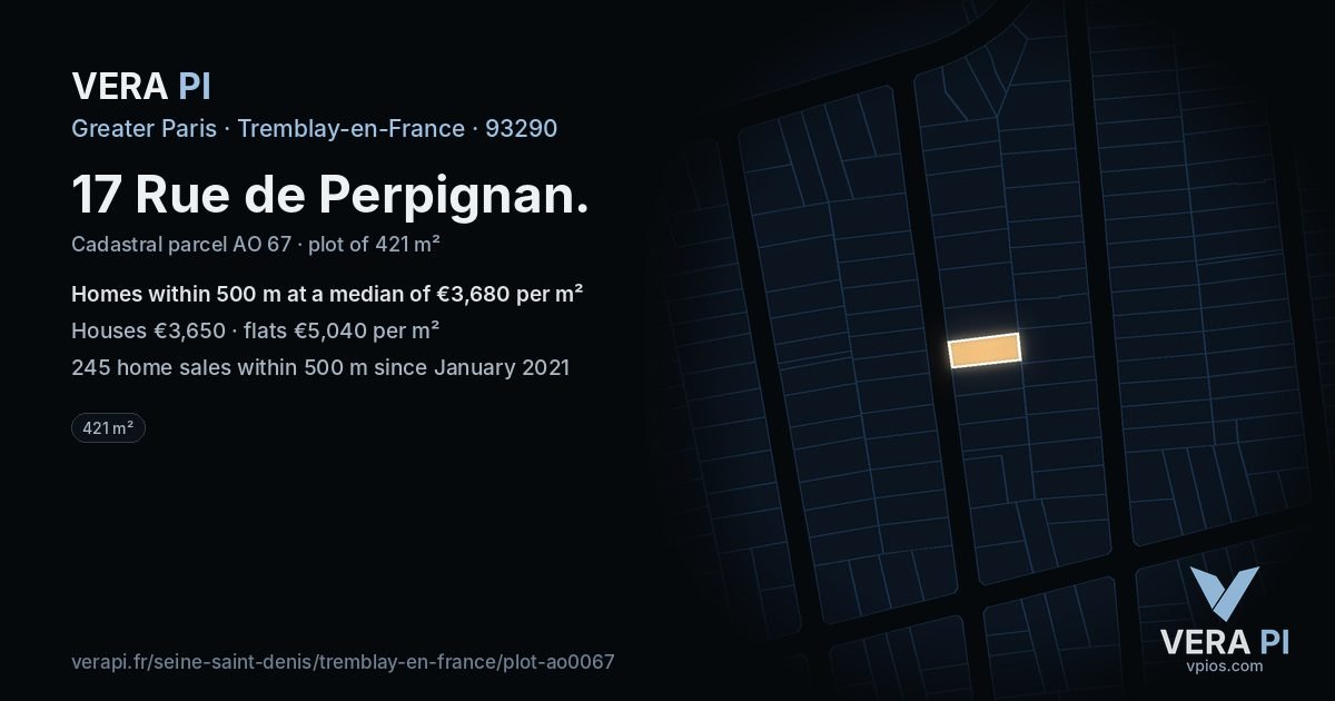 17 Rue de Perpignan, Tremblay-en-France at night – the plot lit, the parcels around coloured by the prices near them