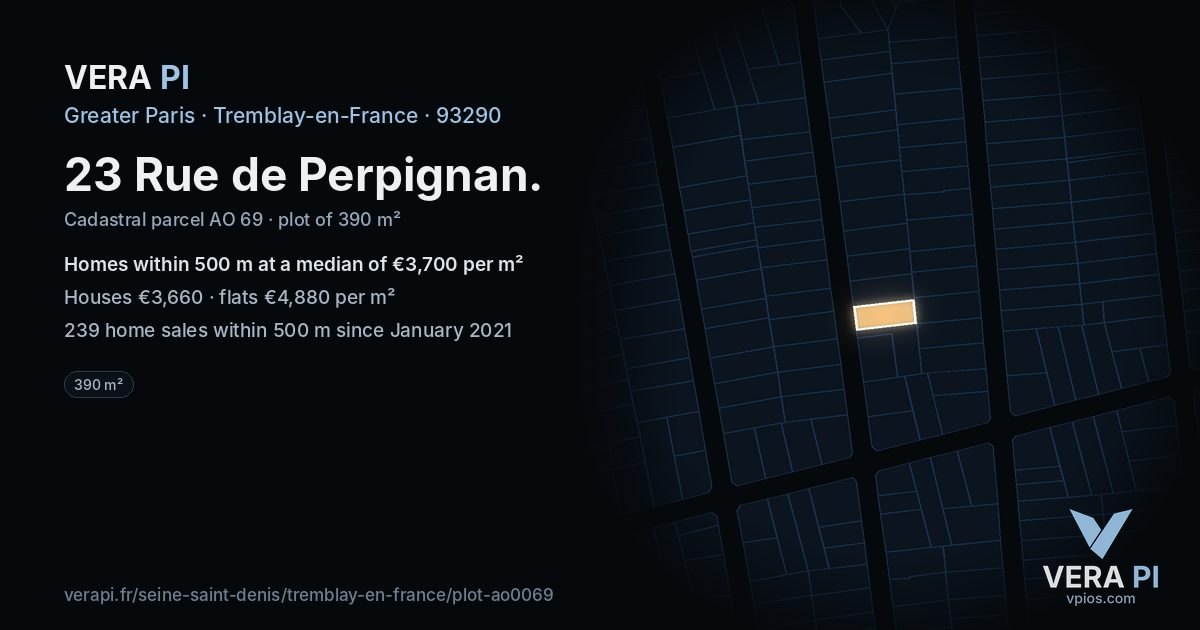 23 Rue de Perpignan, Tremblay-en-France at night – the plot lit, the parcels around coloured by the prices near them