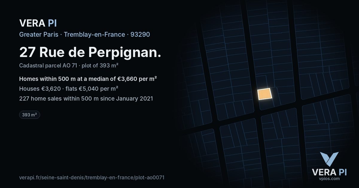 27 Rue de Perpignan, Tremblay-en-France at night – the plot lit, the parcels around coloured by the prices near them