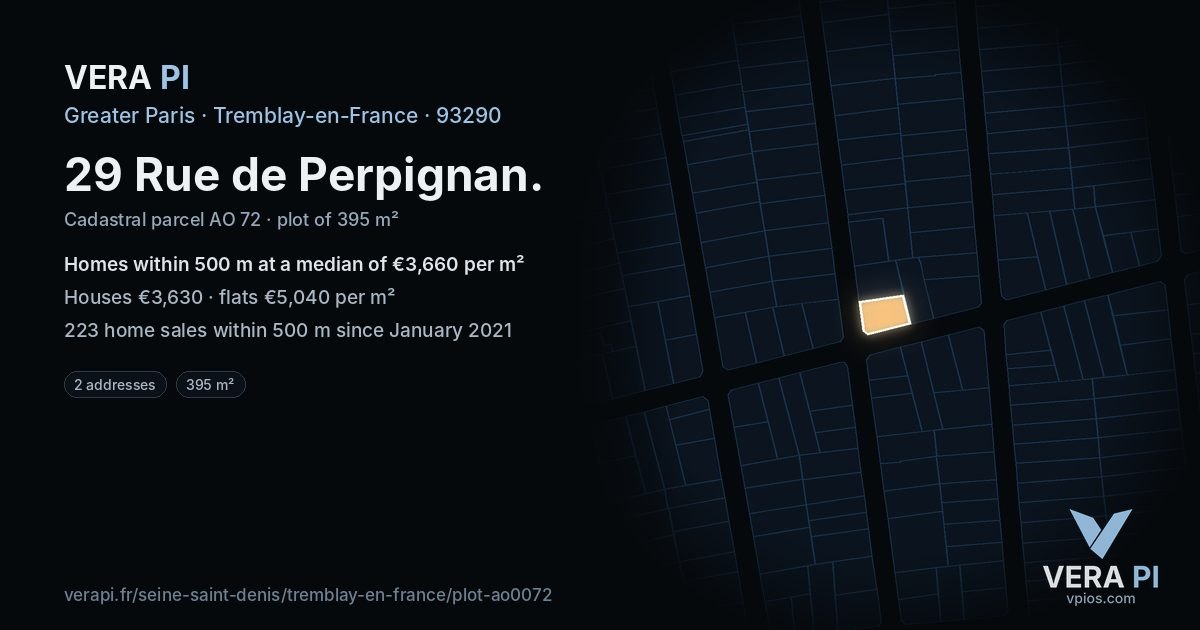29 Rue de Perpignan, Tremblay-en-France at night – the plot lit, the parcels around coloured by the prices near them