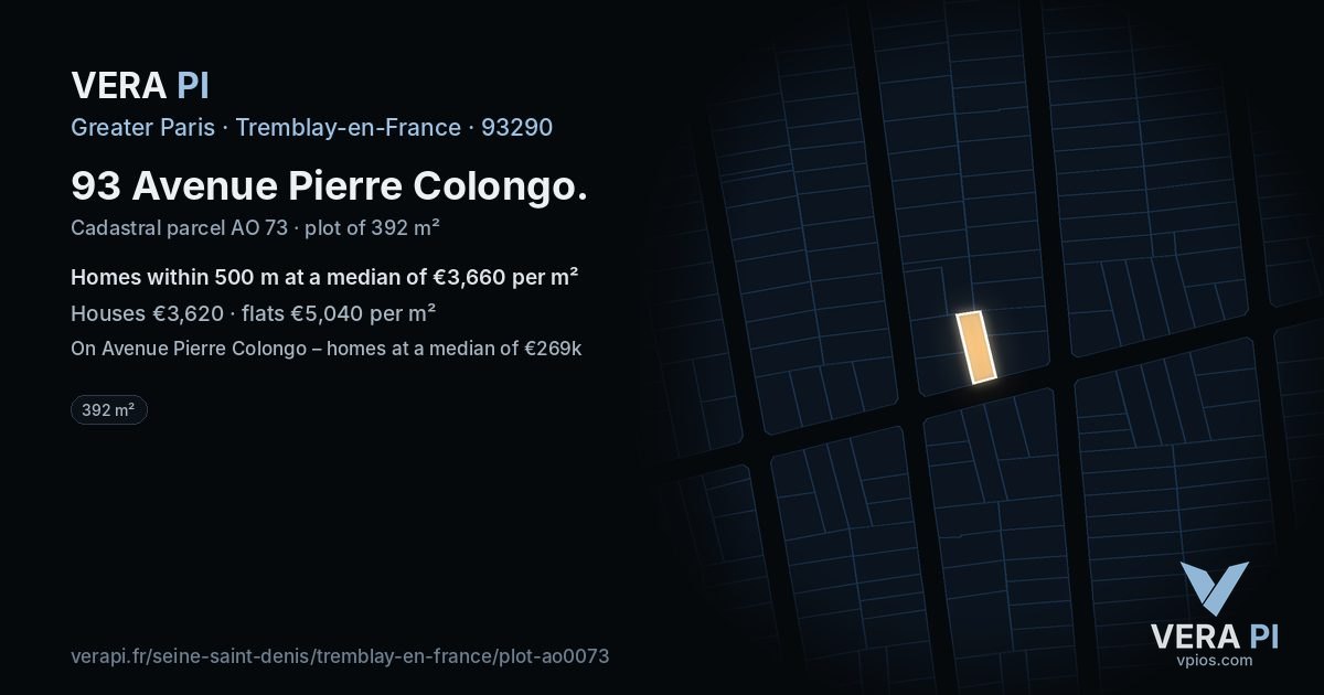 93 Avenue Pierre Colongo, Tremblay-en-France at night – the plot lit, the parcels around coloured by the prices near them