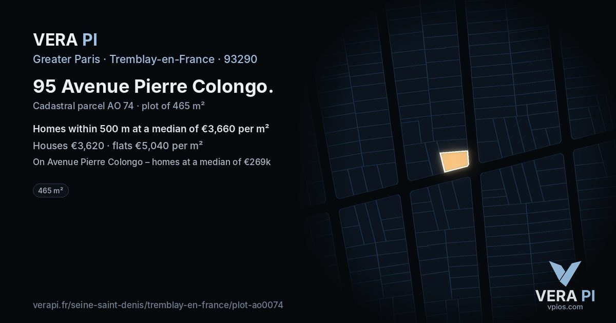 95 Avenue Pierre Colongo, Tremblay-en-France at night – the plot lit, the parcels around coloured by the prices near them